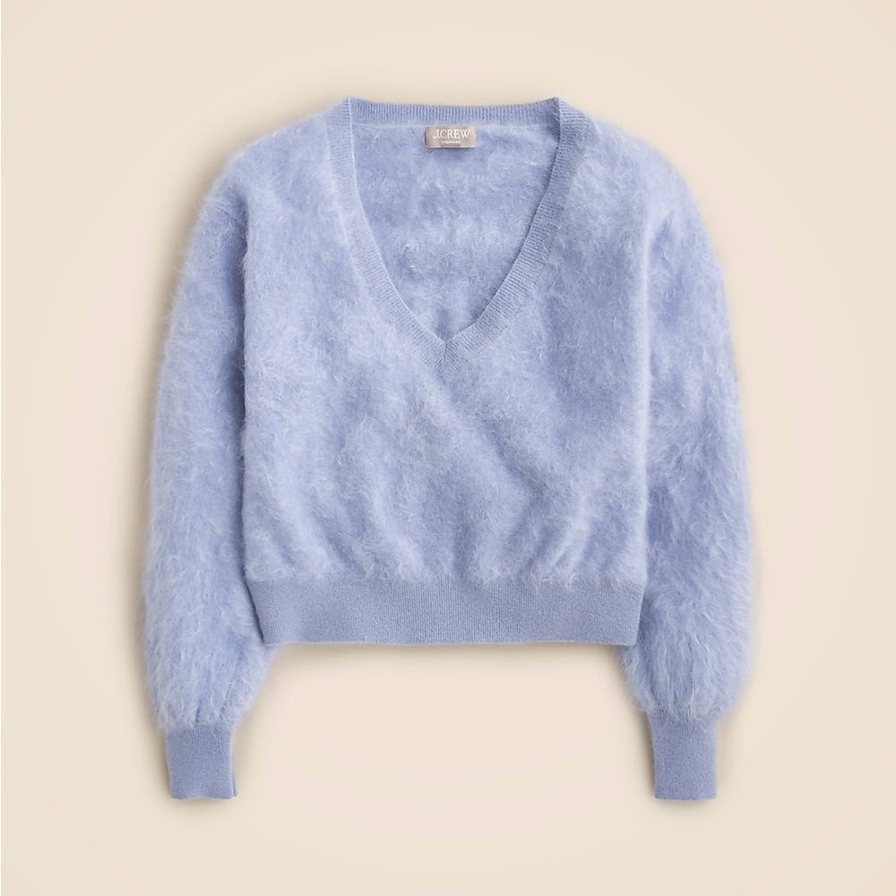 Brushed Cashmere Cropped V-Neck Sweater - marble blue